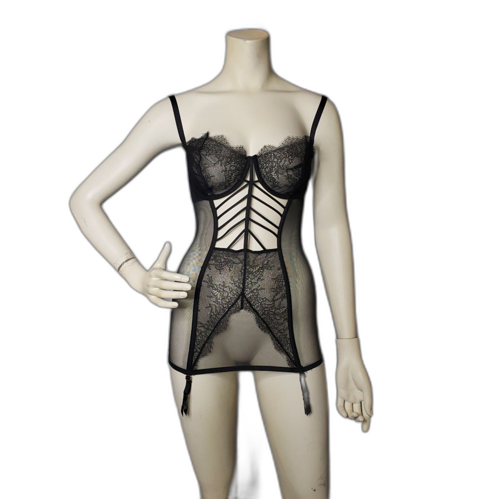 Victorias Secret Black Lace and Mesh Longline Corset Nightie Womens Size 36D - Picture 10 of 10